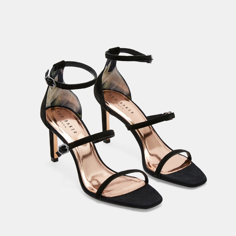 Ted Baker three strap black suede heels 38 US 7 party shoes stiletto heel